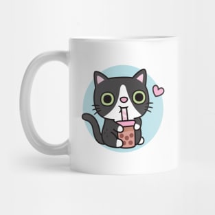 Cute Black Tuxedo Cat Loves Drinking Bubble Tea Mug